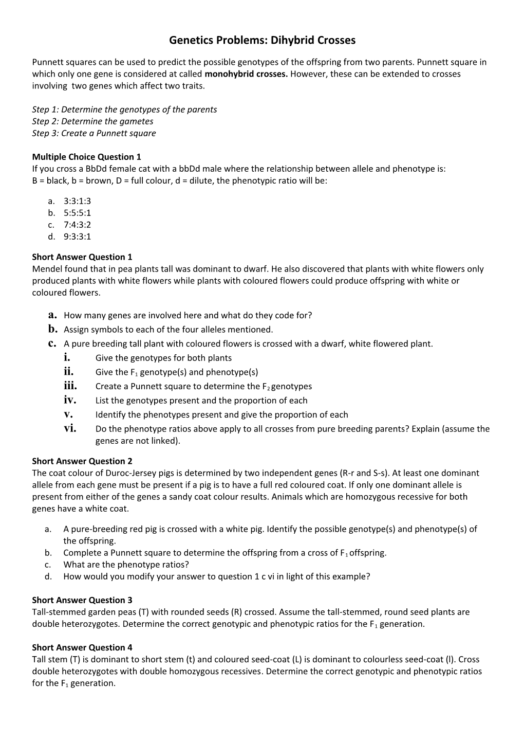 Genetics Problems: Dihybrid Crosses