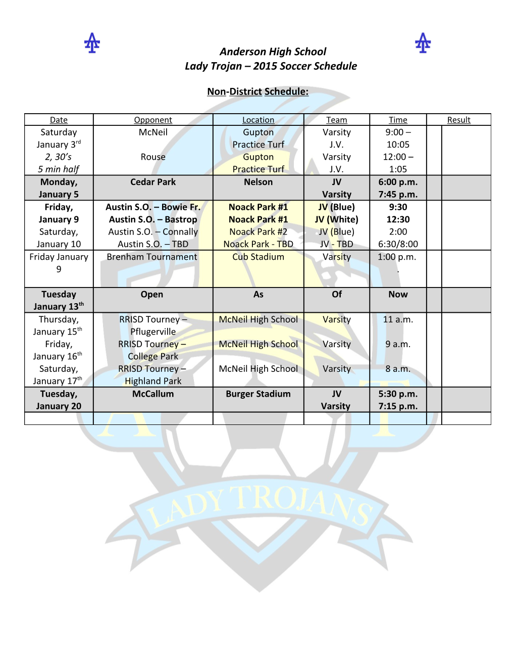 Lady Trojan 2015 Soccer Schedule