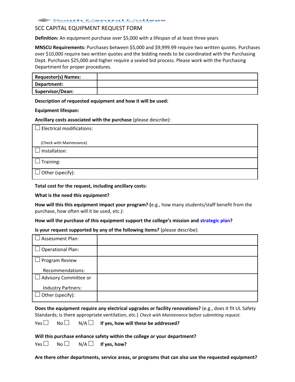 SCC Capital Equipment Request Form