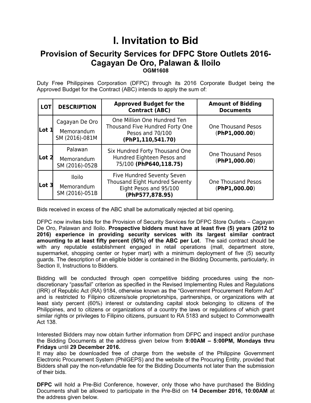Provision of Security Services for DFPC Store Outlets 2016-Cagayan De Oro, Palawan & Iloilo