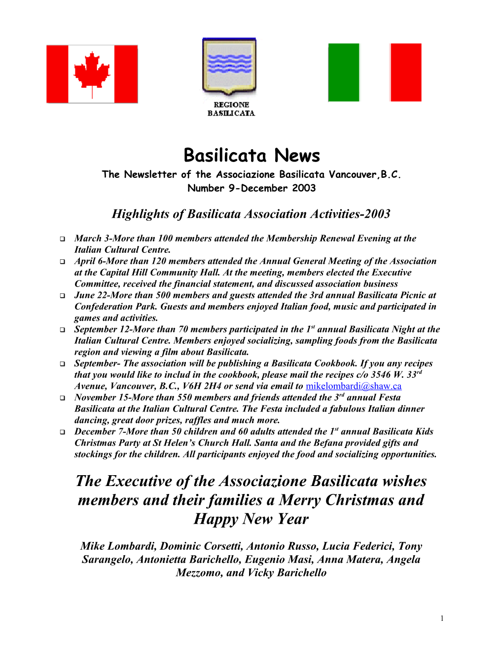 The Newsletter of the Associazione Basilicata Vancouver,B.C