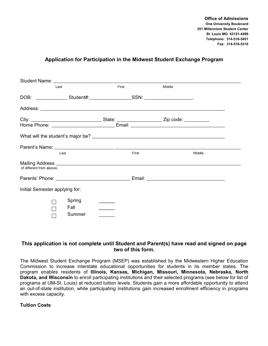 Application for Participation in the Midwest Student Exchange Program