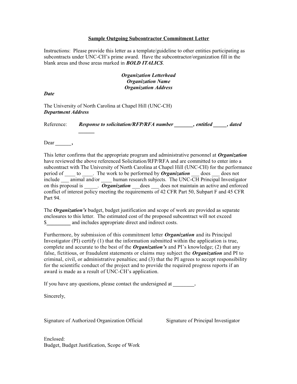 Sample Incoming Subcontractor Commitment Letter