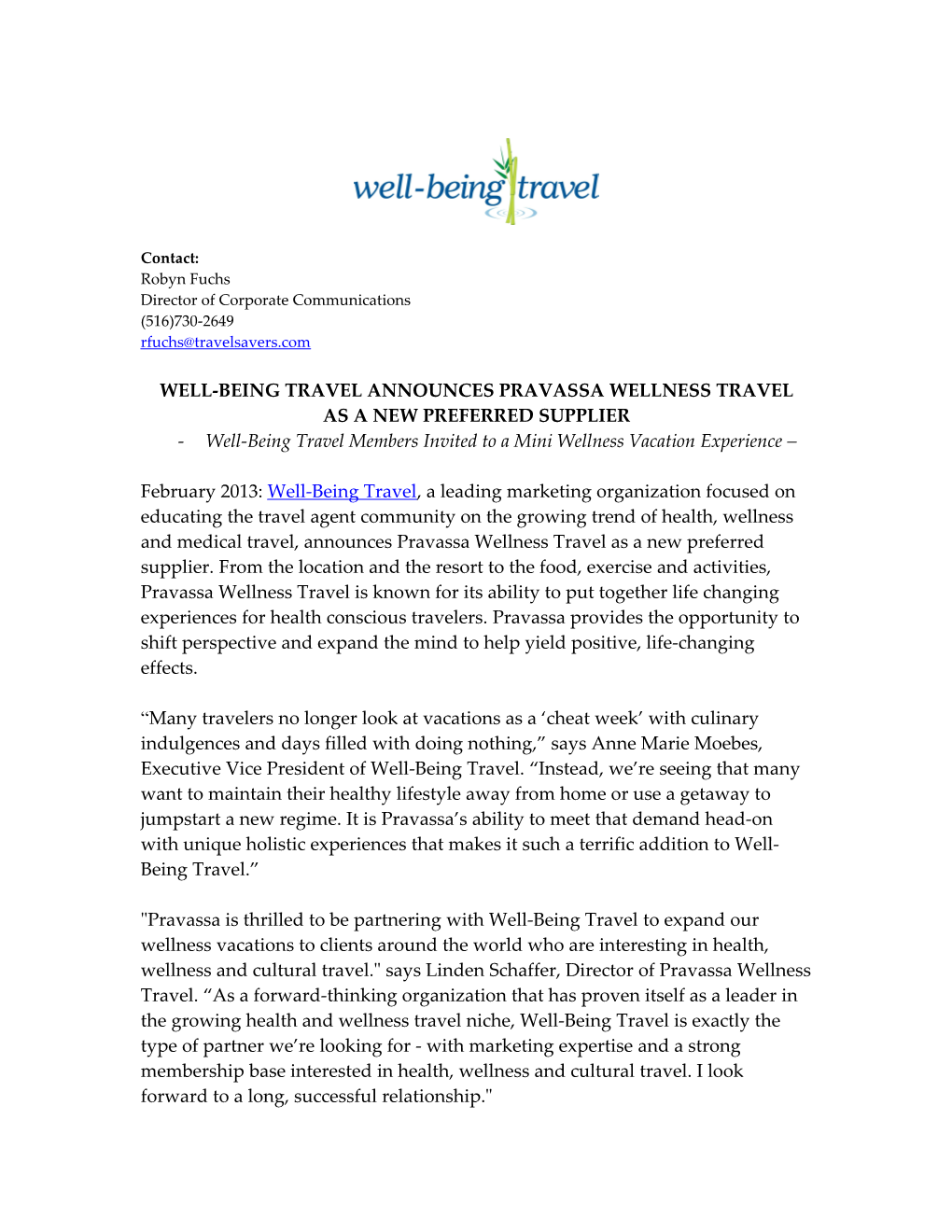 Well-Being Travel Announces Pravassa Wellness Travel