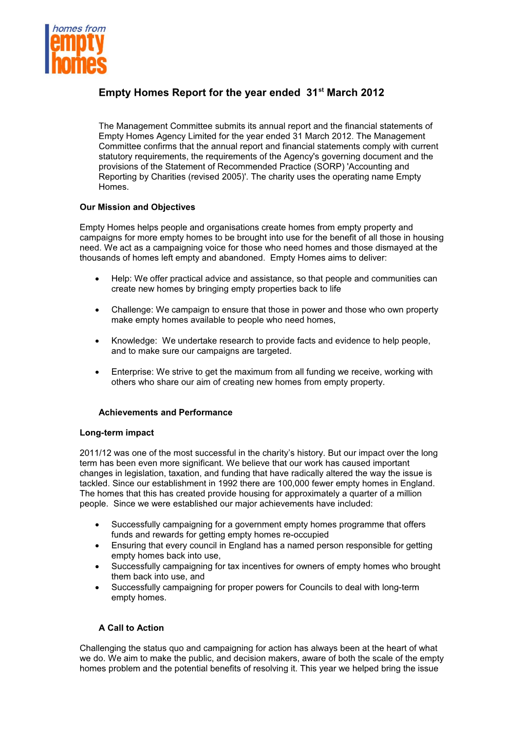 Empty Homes Report for the Year Ended 31St March 2012