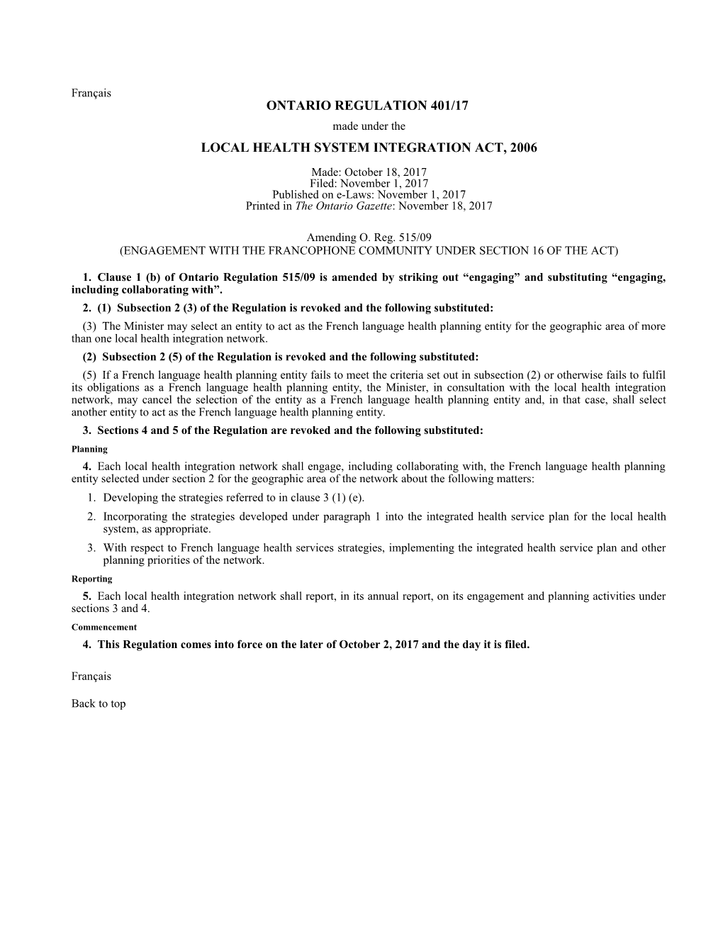 LOCAL HEALTH SYSTEM INTEGRATION ACT, 2006 - O. Reg. 401/17