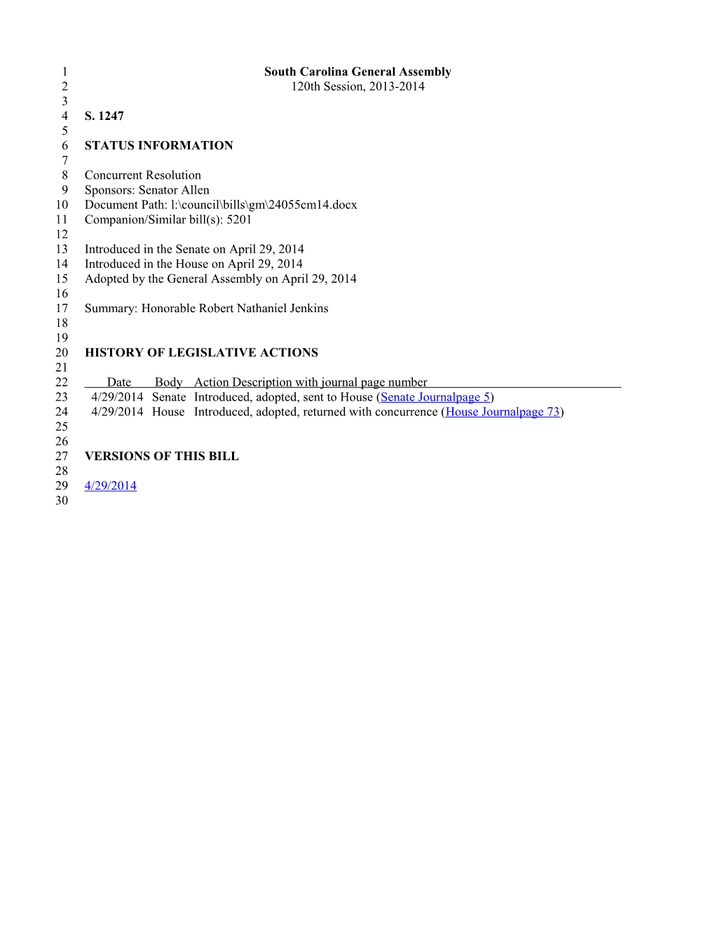 2013-2014 Bill 1247: Honorable Robert Nathaniel Jenkins - South Carolina Legislature Online