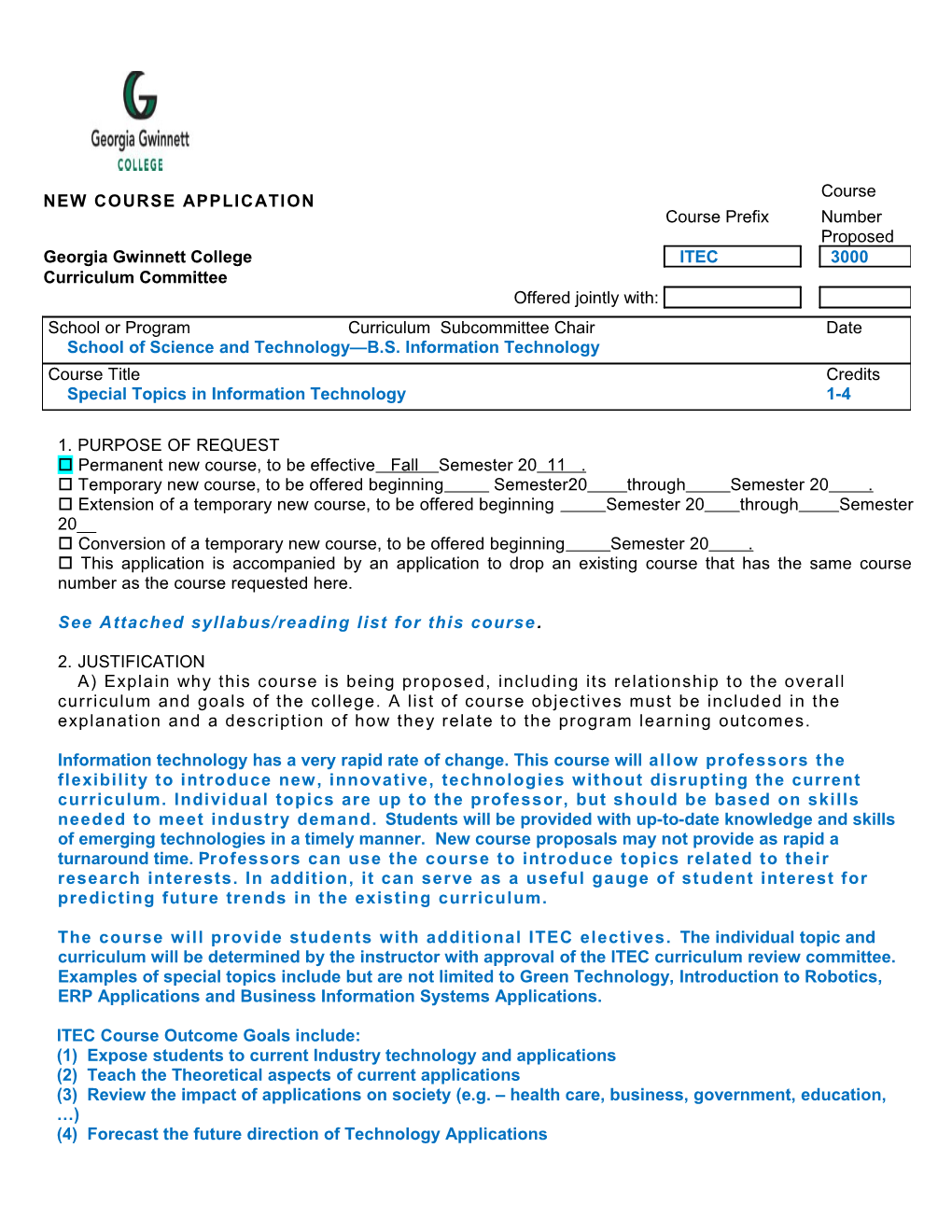 Permanent New Course, to Be Effective Fall Semester 20 11