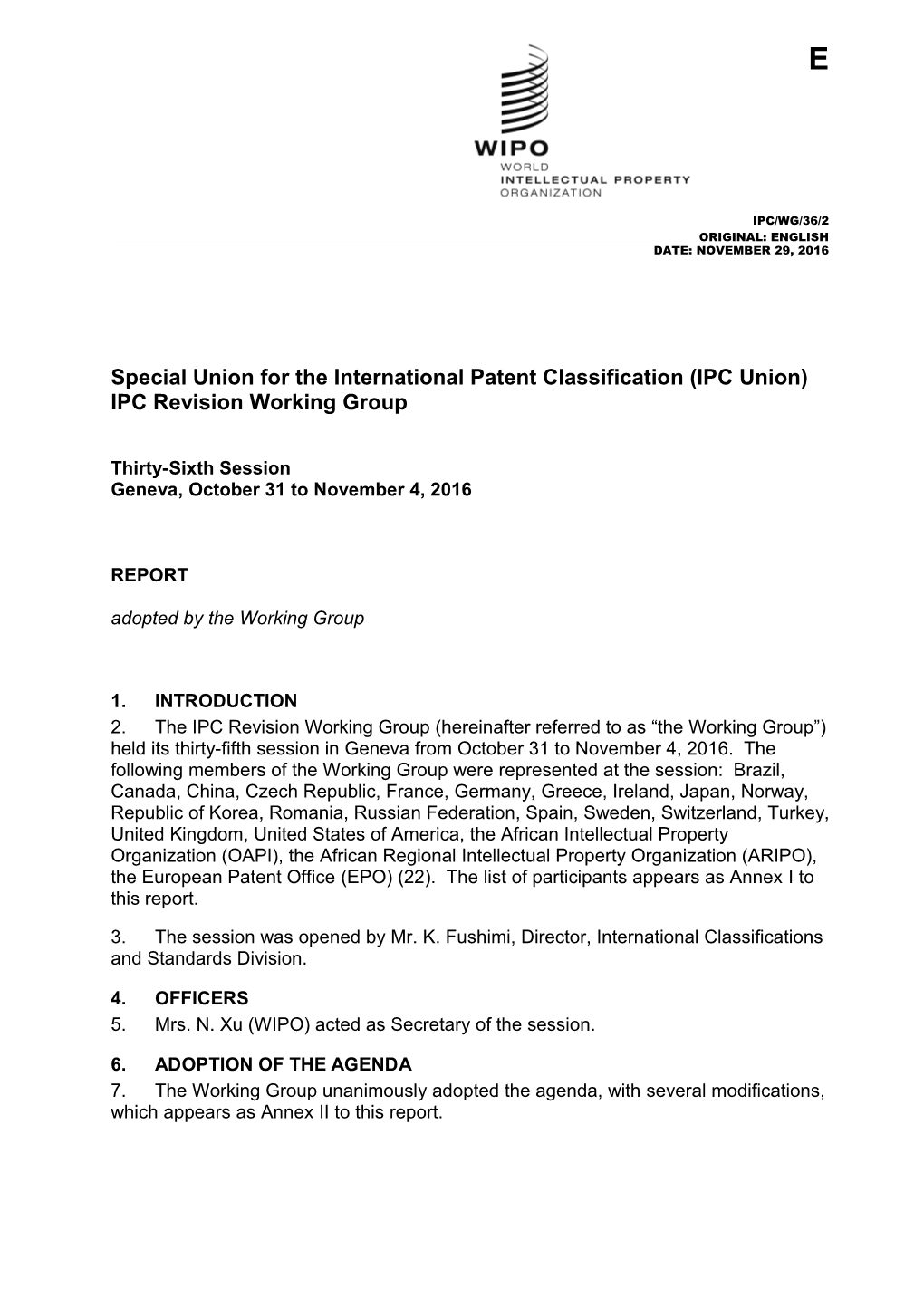IPC/WG/36/2, Report, 36Th Session of the IPC Revision Working Group