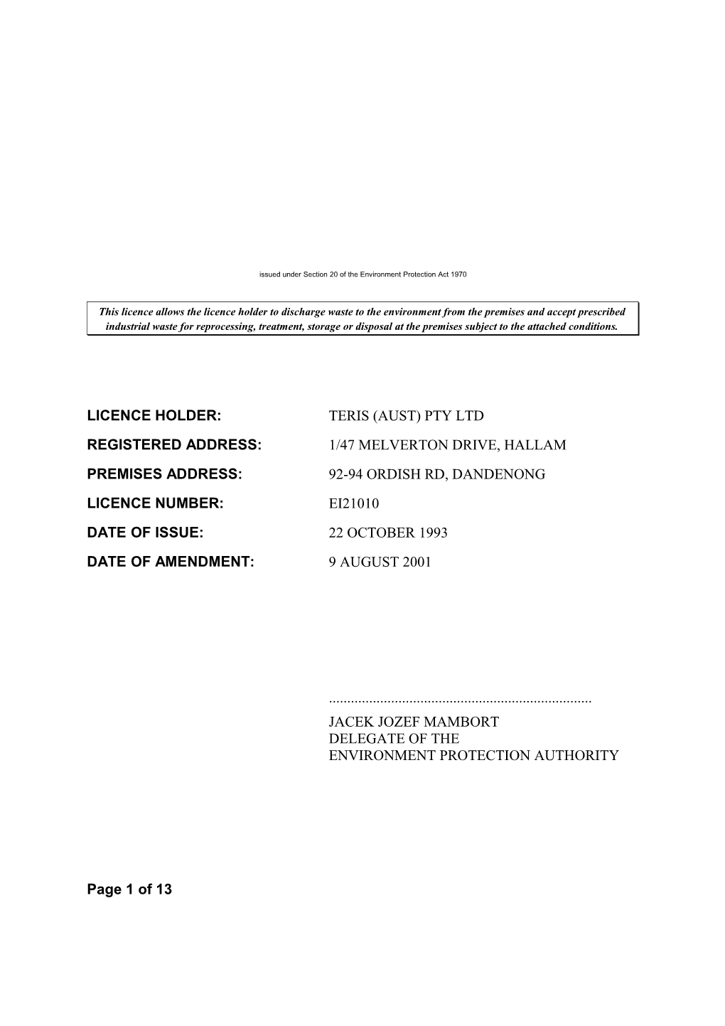 EPA Waste Discharge Licence No. EI21010
