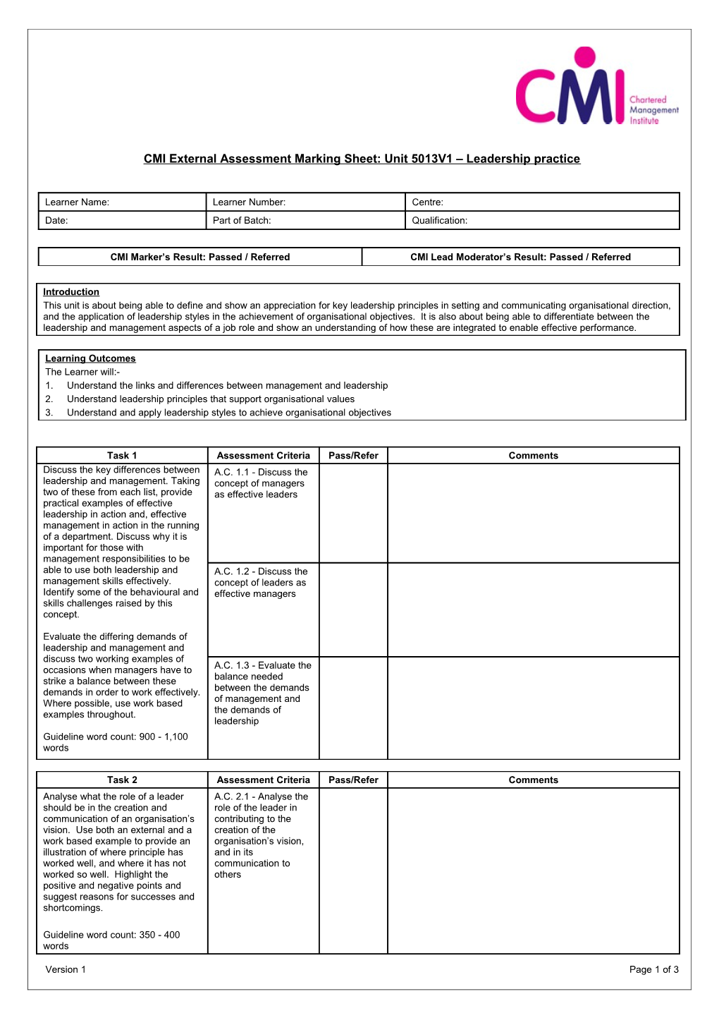 CMI External Assessment Marking Sheet: Unit 5013V1 Leadership Practice