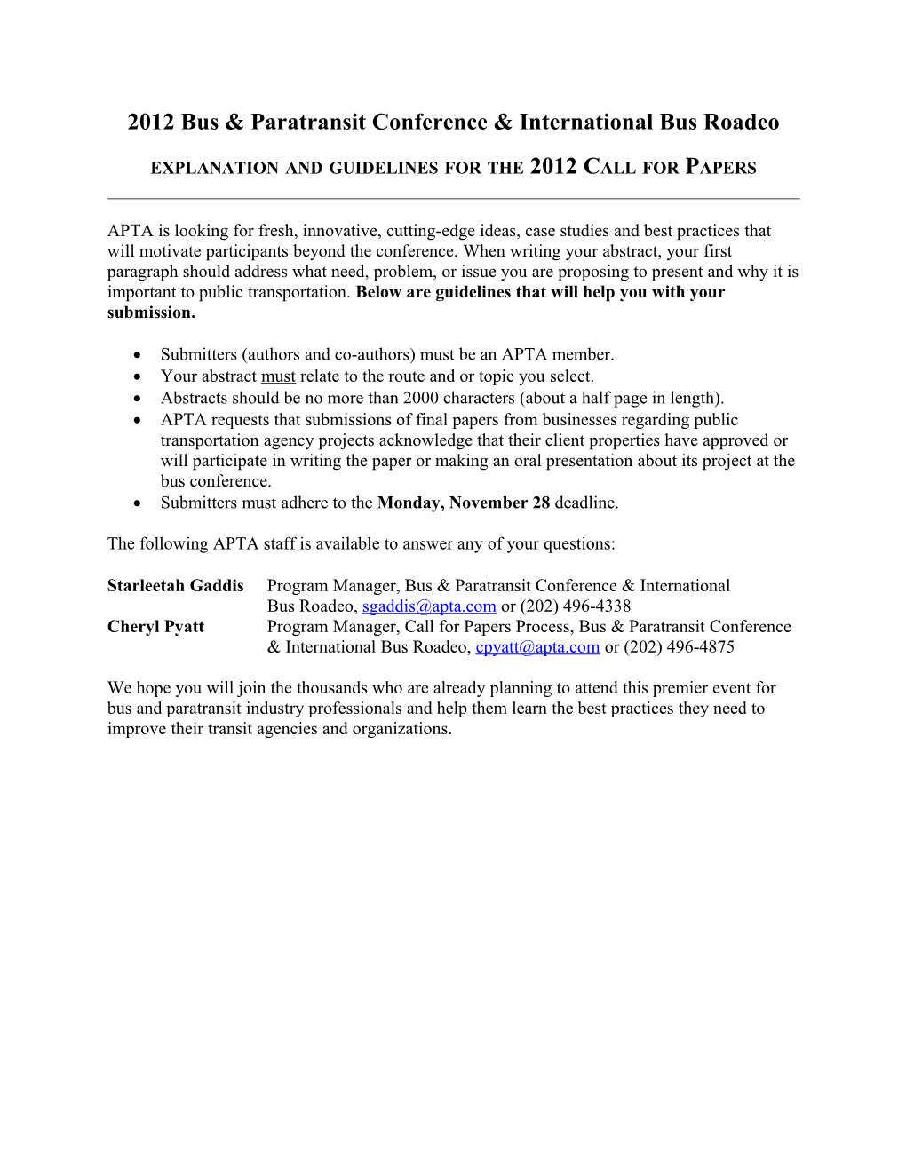 Bus and Paratransit Conference Planning Committee - 2012 Call for Papers and Session List