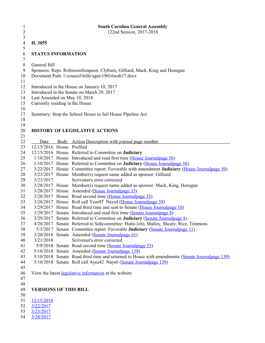 2017-2018 Bill 3055: Stop the School House to Jail House Pipeline Act - South Carolina