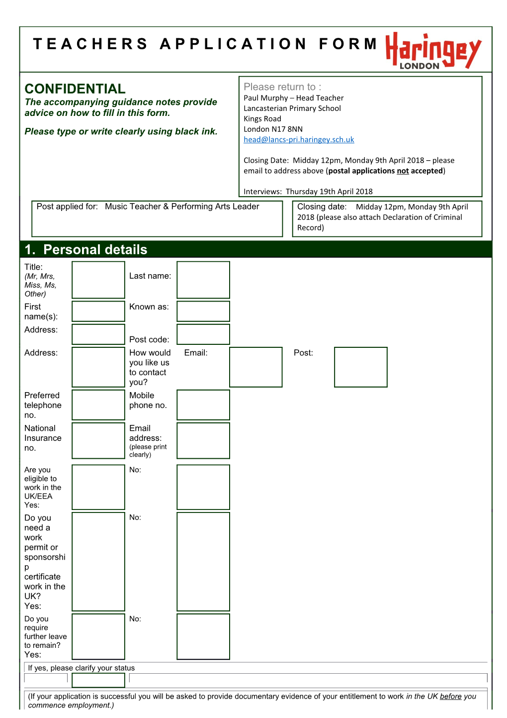 Application Form Teachers