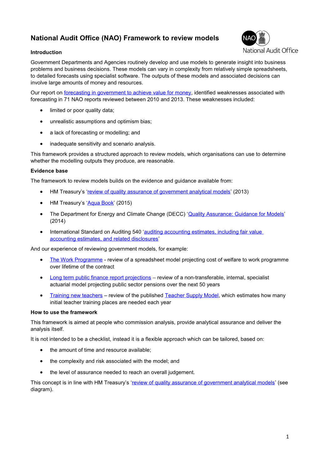 National Audit Office (NAO) Framework to Review Models