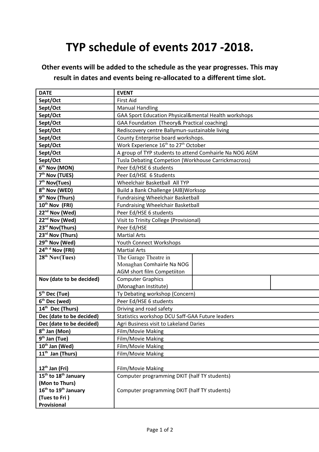 TYP Schedule of Events 2017 -2018