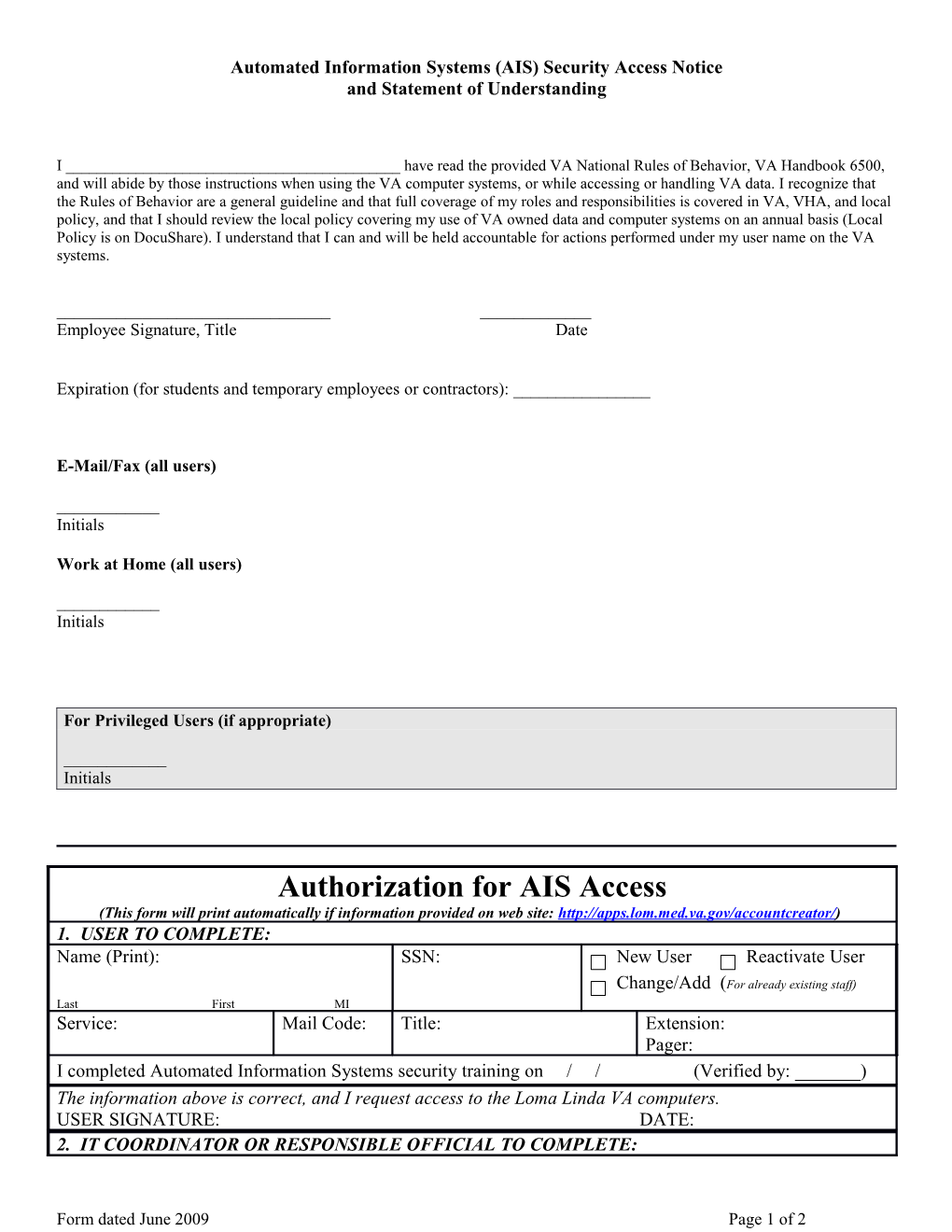 Automated Information Systems Form