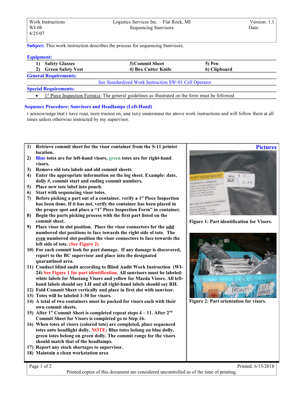 Work Instructions Logistics Services Inc. Flat Rock, MI Version: 1.1