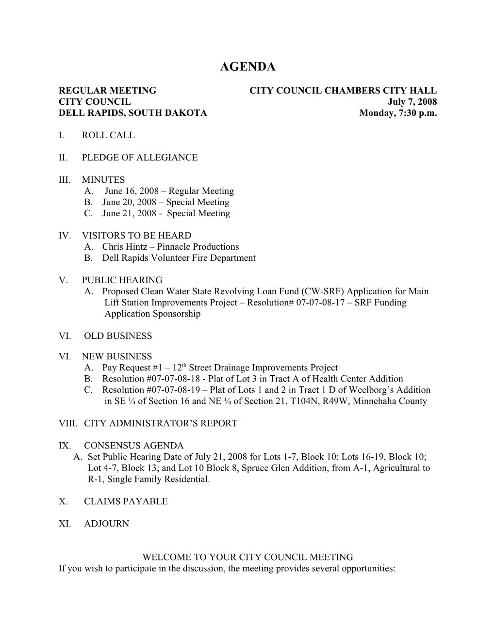 Regular Meeting City Council Chambers City Hall