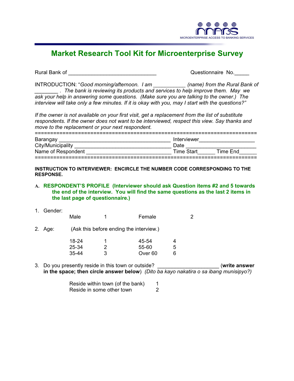 Market Research Tool Kit for Microenterprise Survey