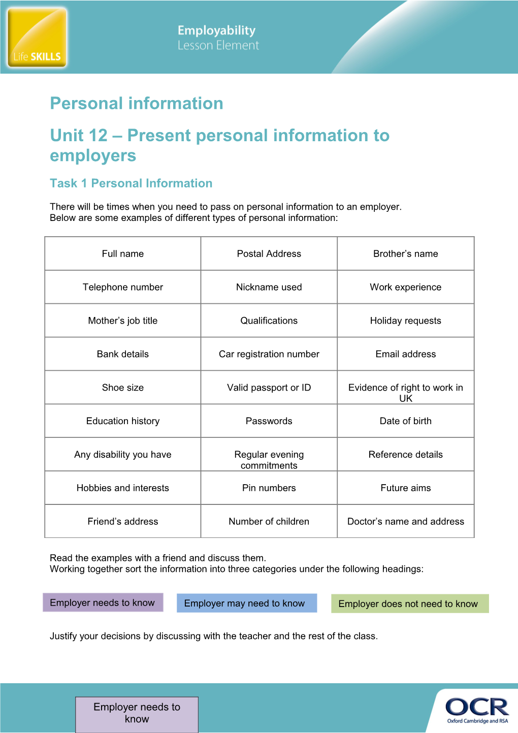 Cambridge Employability - Unit 12 Personal Information