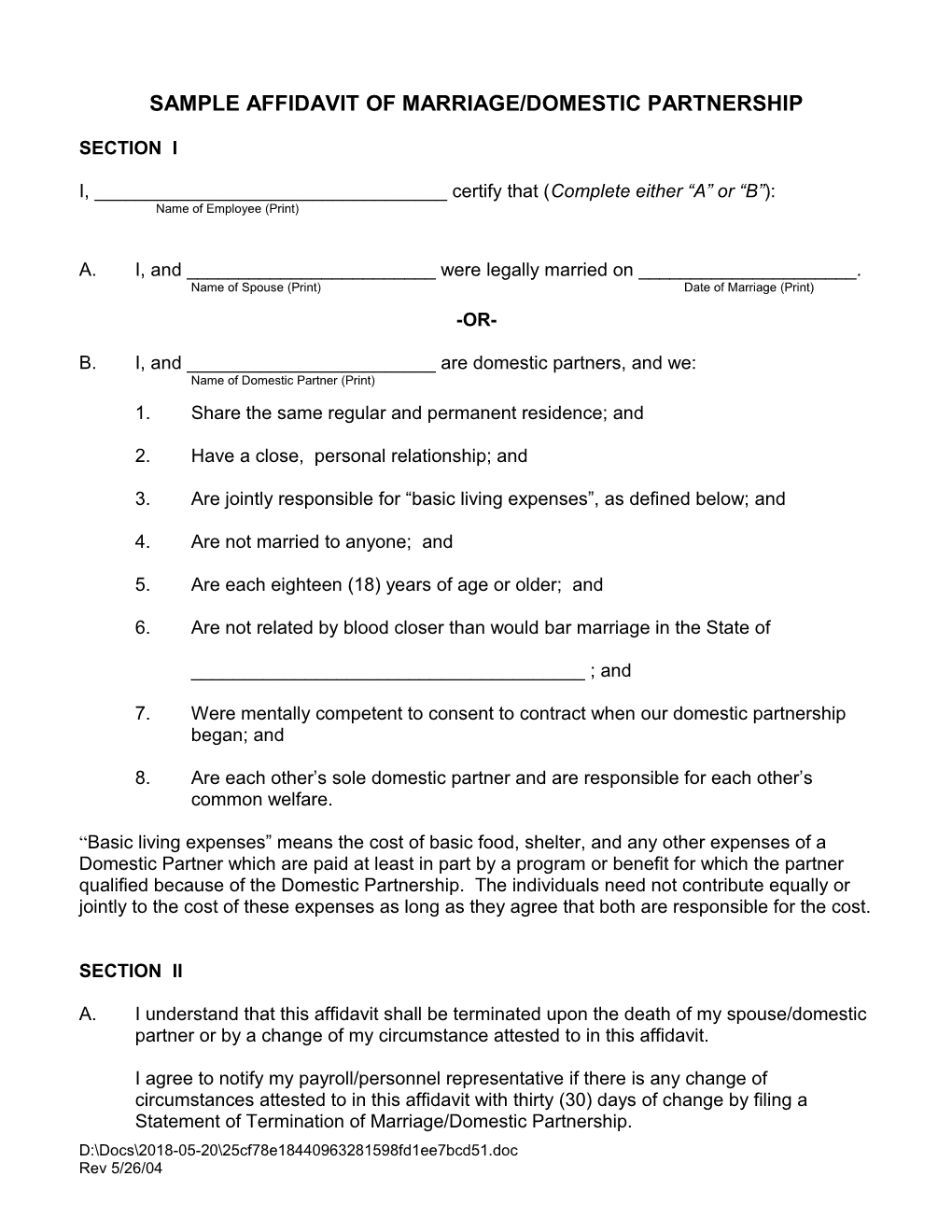 Sample Affidavit of Marriage/Domestic Partnership