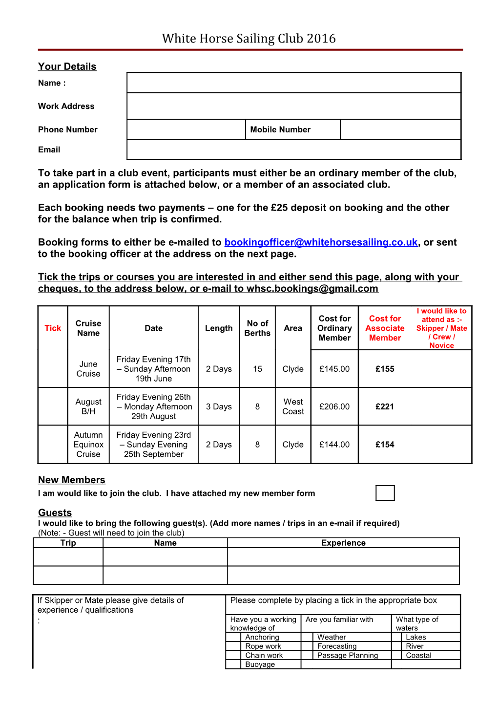 Bank of Scotland Sailing Club 2013 Booking Form