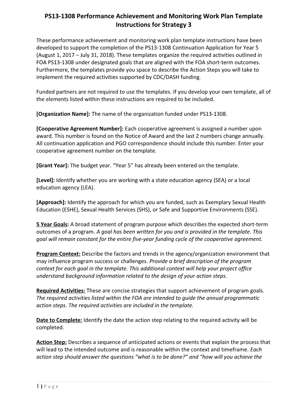 PS13-1308 Performance Achievement and Monitoring Work Plan Template Instructions for Strategy