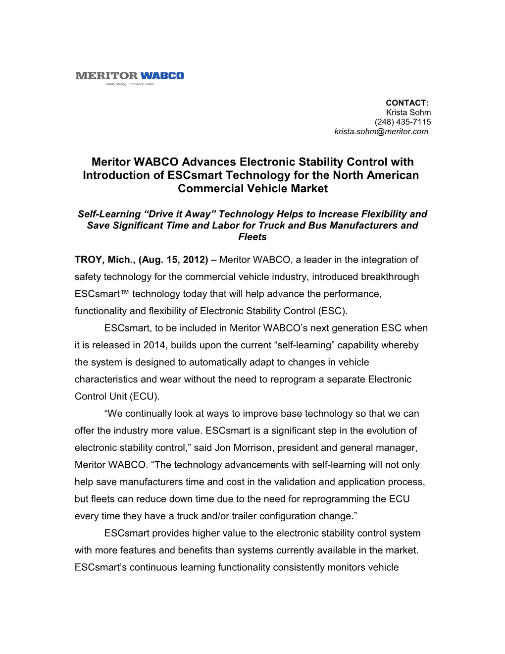 Meritor WABCO Advances Electronic Stability Control with Introduction of Escsmart Technology