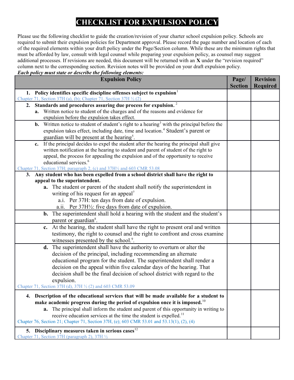 Checklist for Explusion Policy - 37H and 37H 0.5