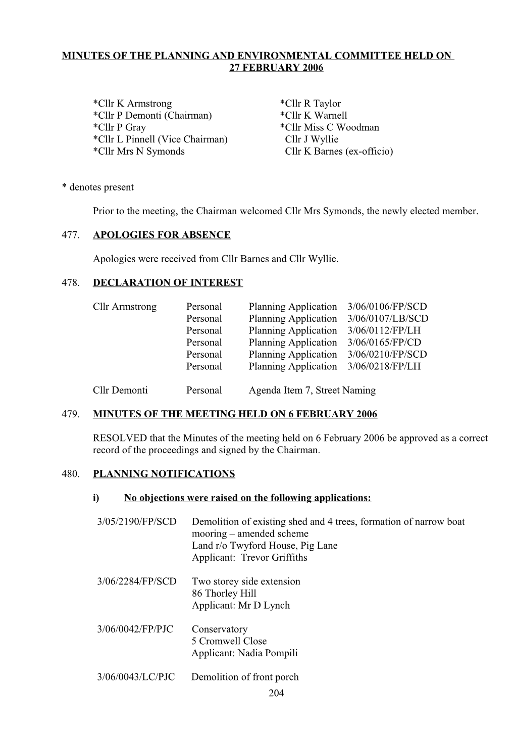 Minutes of the Planning and Environmental Committee Held on 5 January 2004