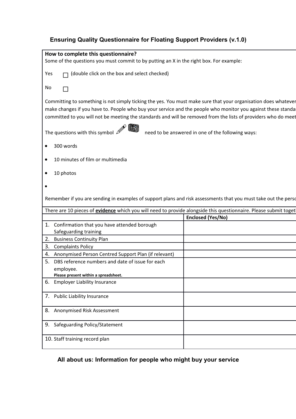 Ensuring Quality Questionnaire for Floating Support Providers (V.1.0)