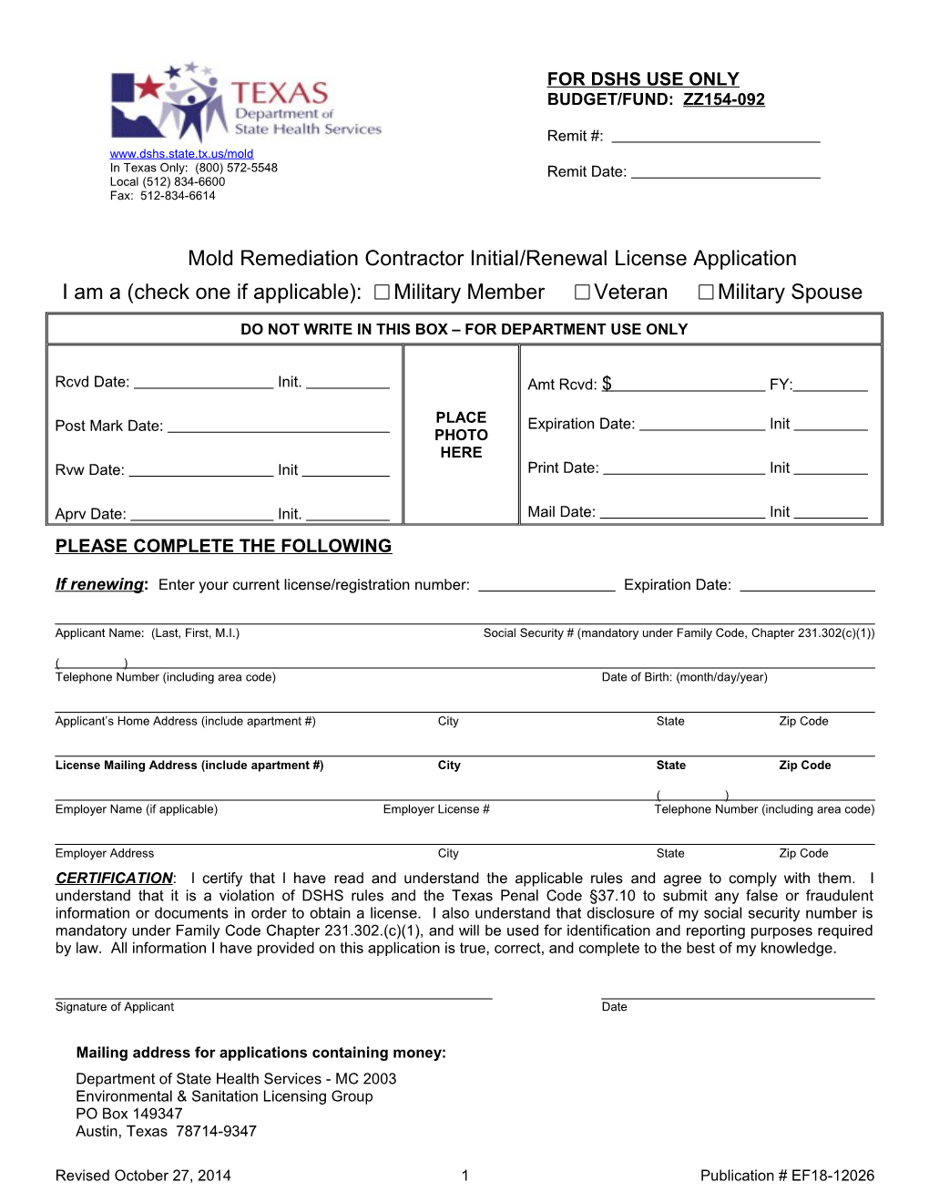 Mold Remediation Contractor Initial/Renewal License Application