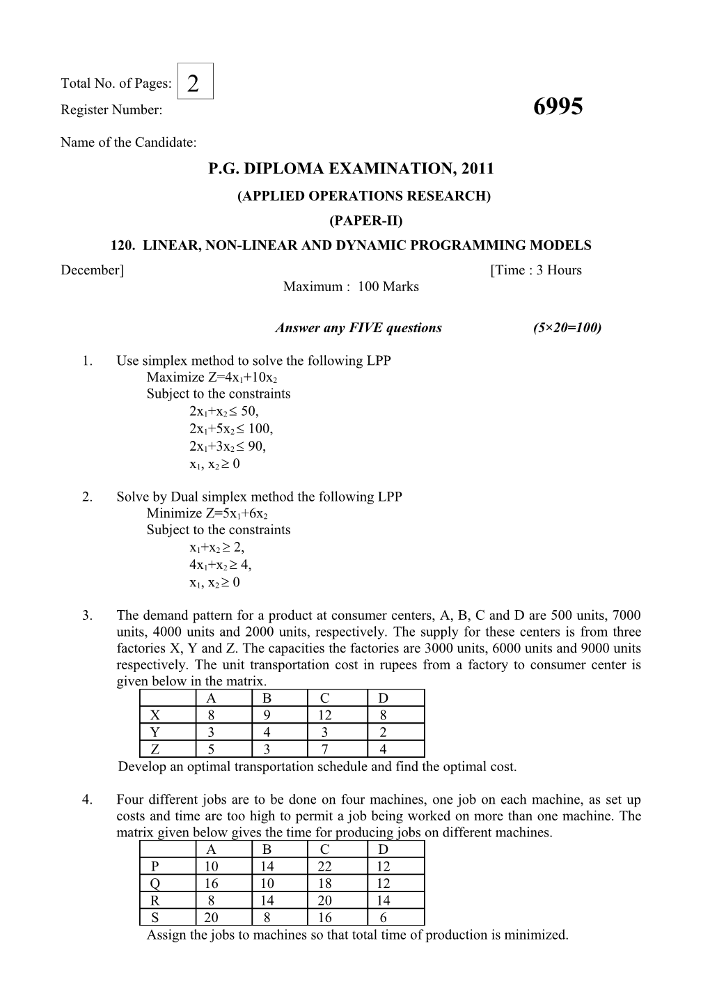 120. Linear, Non-Linear and Dynamic Programming Models