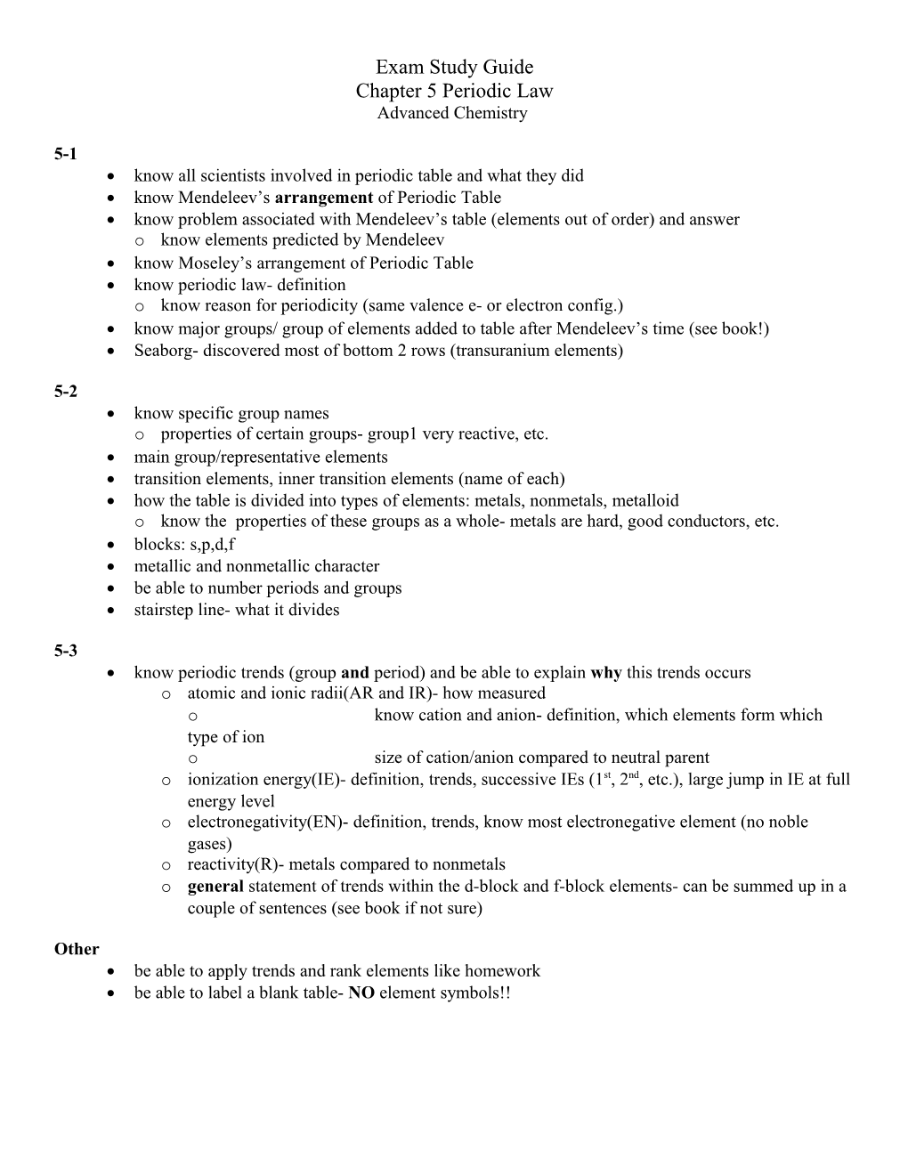 Exam 4 Study Guide- Chapter 5 the Periodic Law