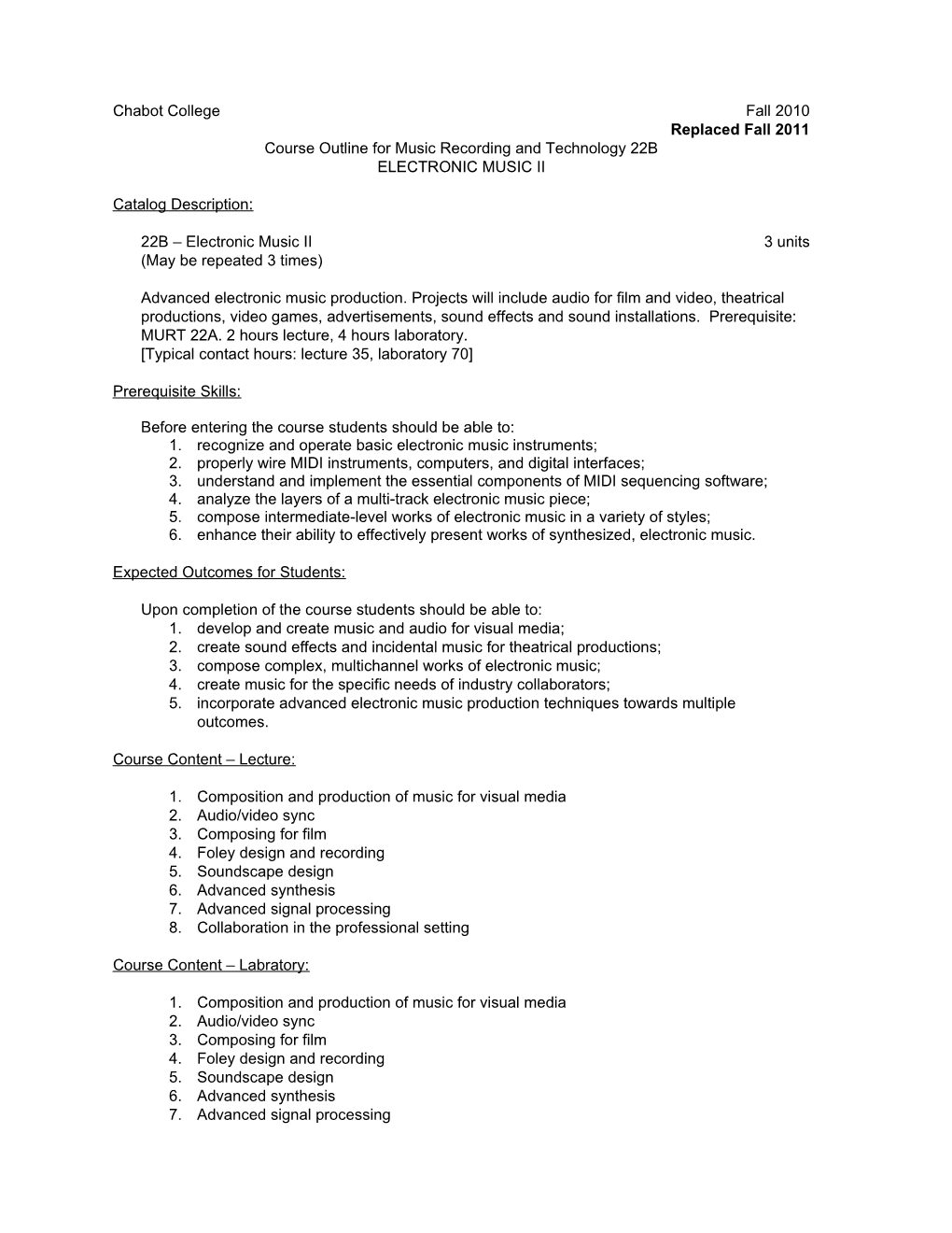 Course Outline for Music Recording and Technology 22B, Page 2