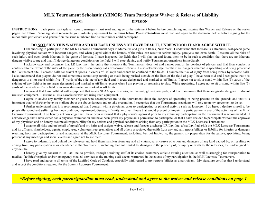 MLK Tournament Scholastic (MINOR) Team Participant Waiver & Release of Liability