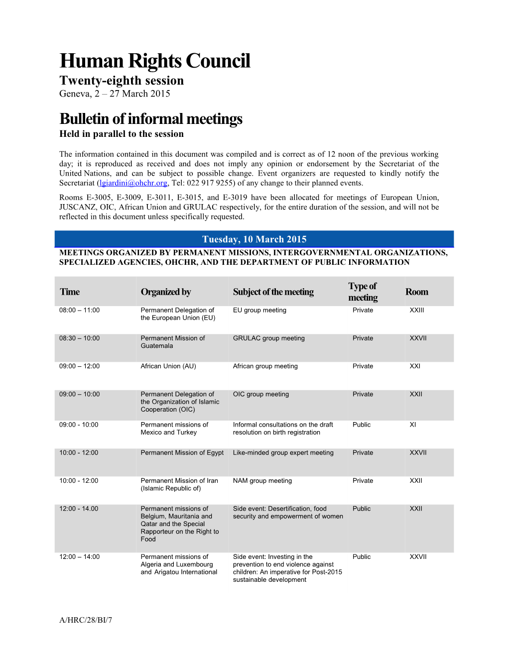 Bulletin of Informal Meetings, Tuesday 10 March 2015