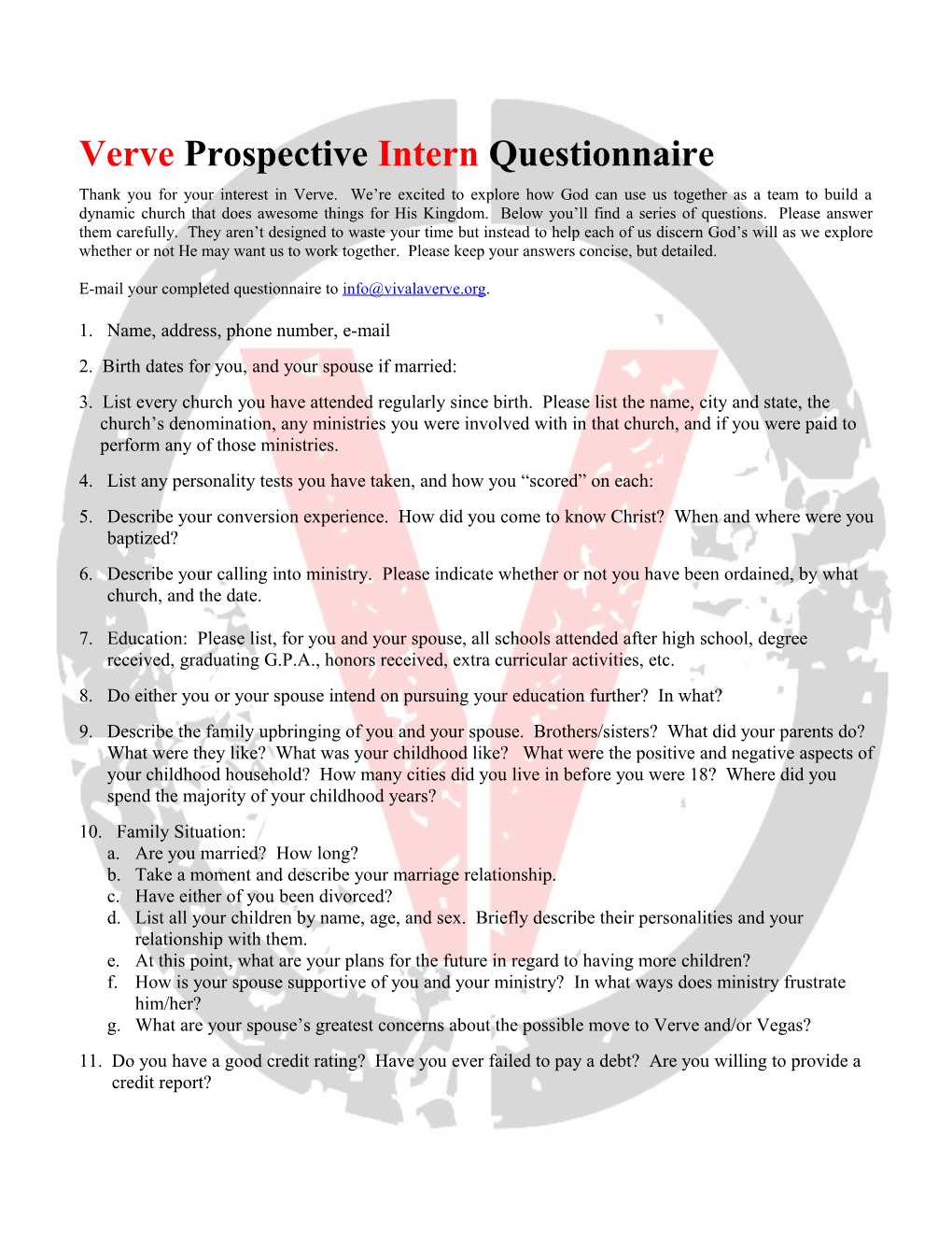 Verve Prospective Intern Questionnaire