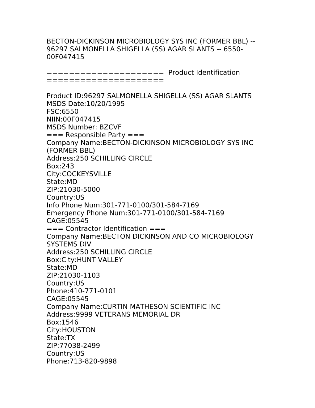 Becton-Dickinson Microbiology Sys Inc (Former Bbl) 96297 Salmonella Shigella (Ss) Agar