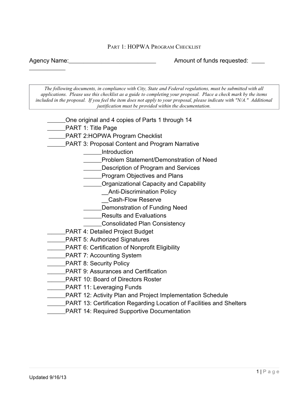 Part 1: HOPWA Program Checklist