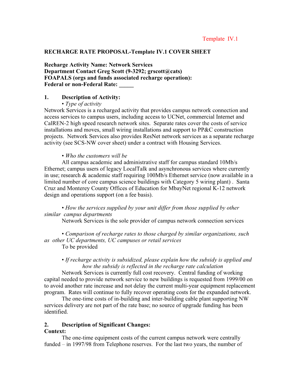 RECHARGE RATE PROPOSAL-Document I-COVER SHEET