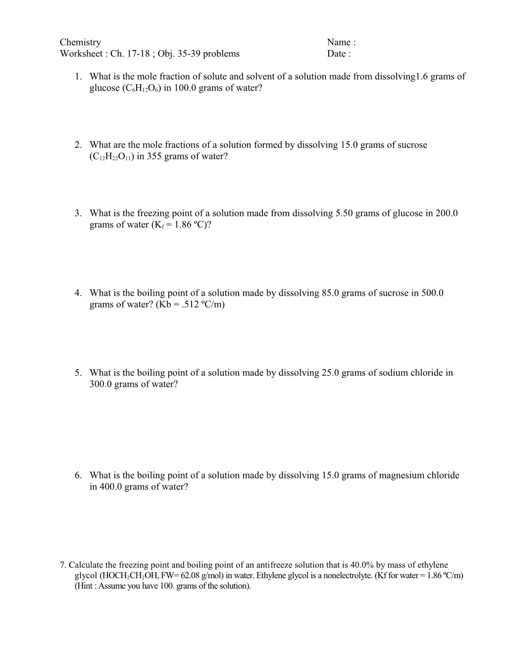 Worksheet : Ch. 17-18 ; Obj. 35-39 Problemsdate