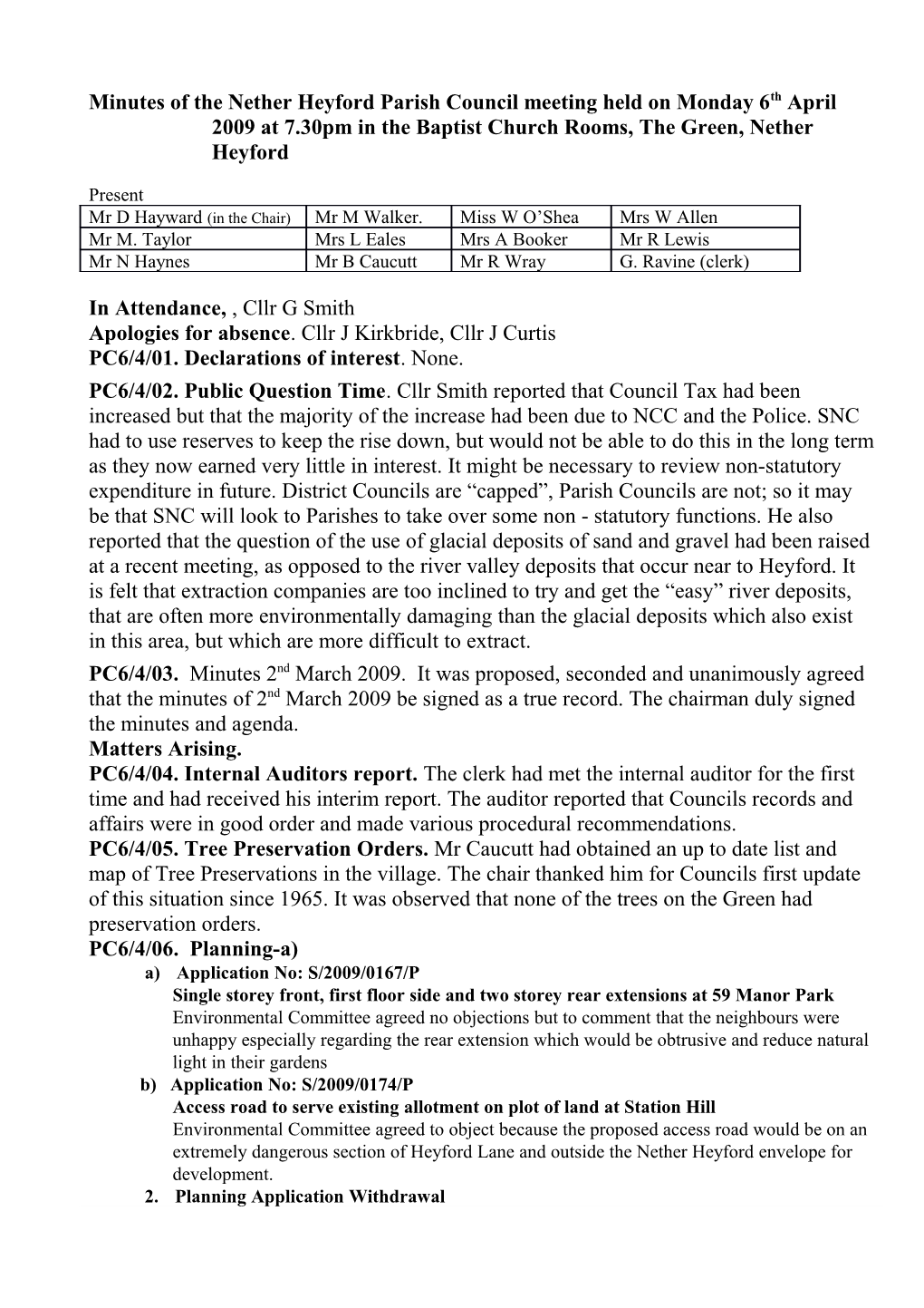 Minutes of the Nether Heyford Parish Council Meeting Held on Monday 6Th April 2009 At