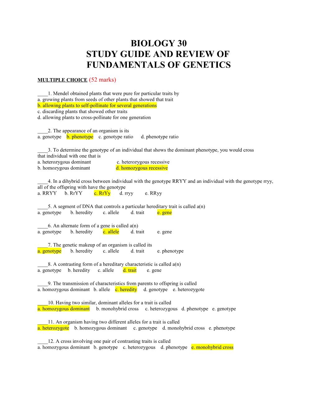 Study Guide and Review of Fundamentals of Genetics