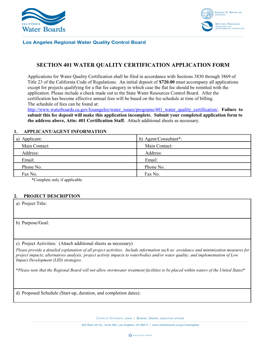 Section 401 Water Quality Certification Application Form