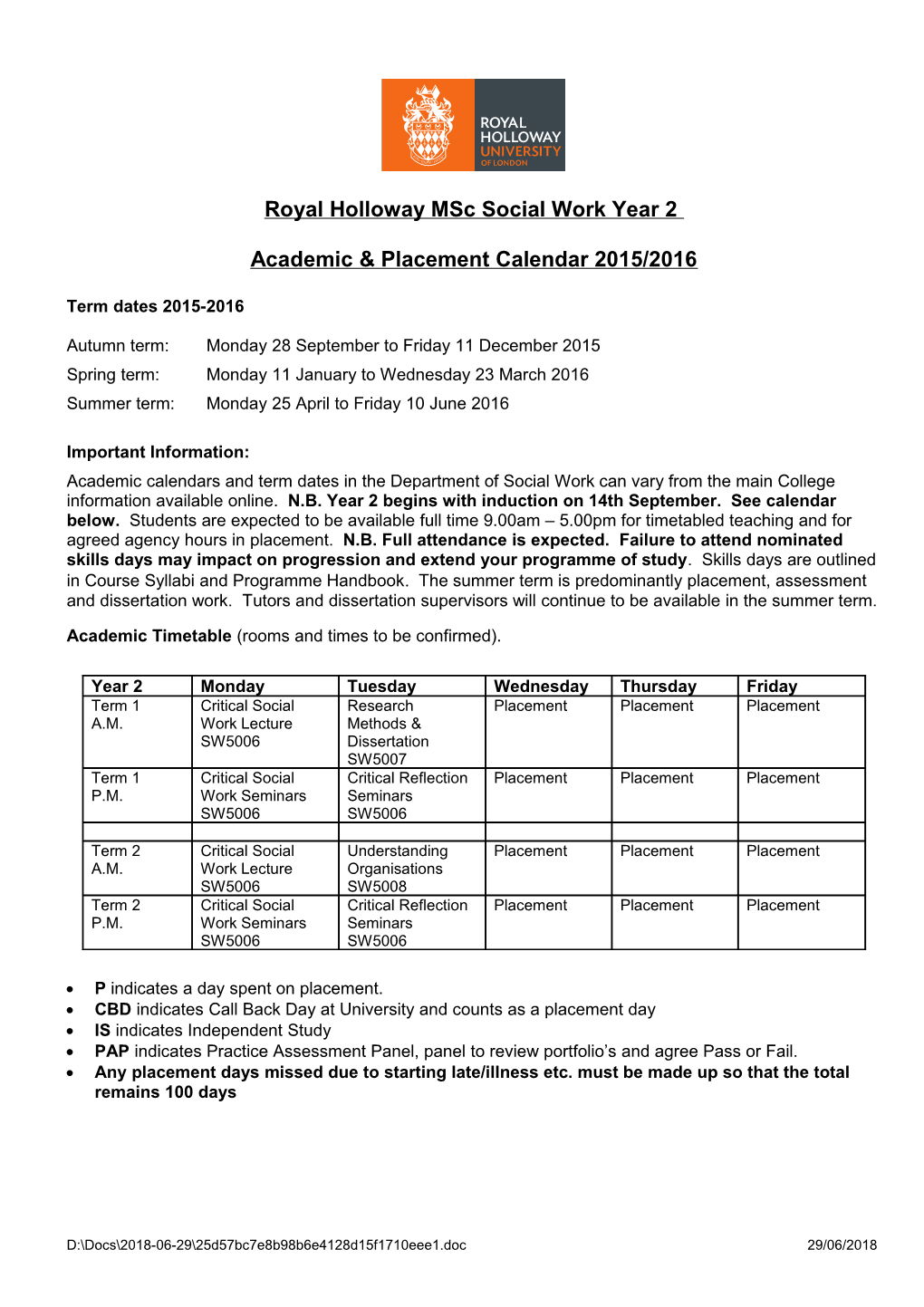 Msc Year 2 Academic Placement Calendar 2015-2016 Final