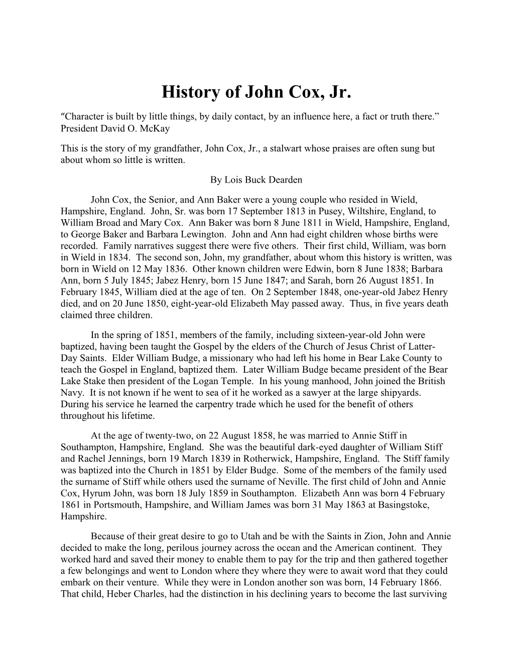 History of John Cox, Jr