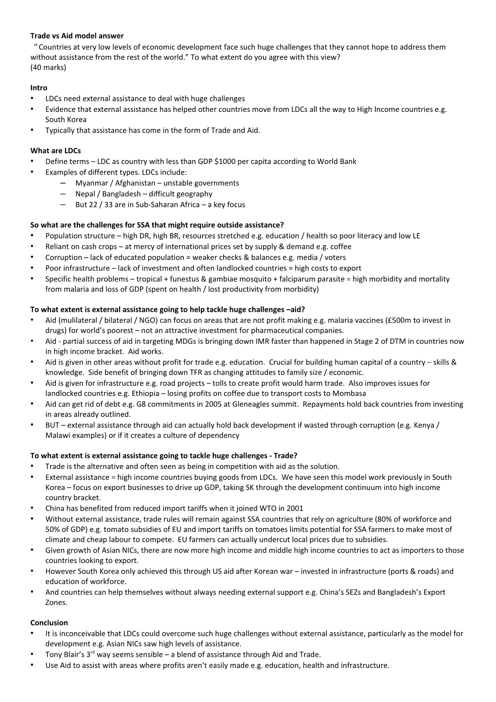 Trade Vs Aid Model Answer