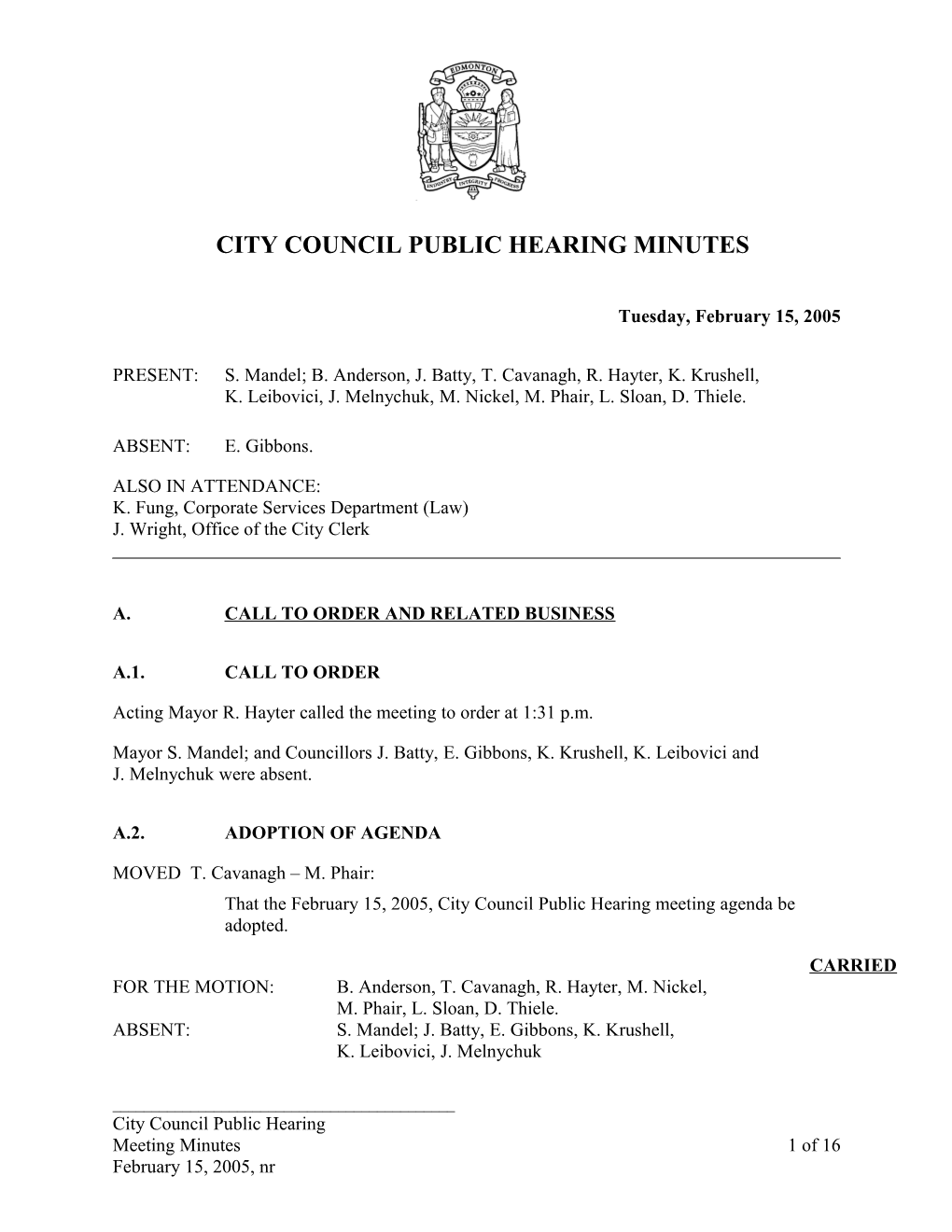 Minutes for City Council February 15, 2005 Meeting